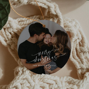 Modern Elegant Script Photo Family Ceramic Ornament