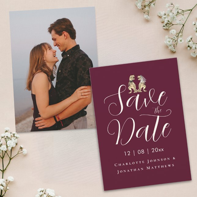 Modern Elegant Script Photo Funny Dinosaur Wedding Save The Date (Modern photo funny dinosaur bride and groom burgundy and cream wedding save the date T-Rex dino fun)