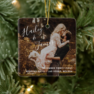 Modern Elegant Script Photo Wedding Favour Ceramic Ornament