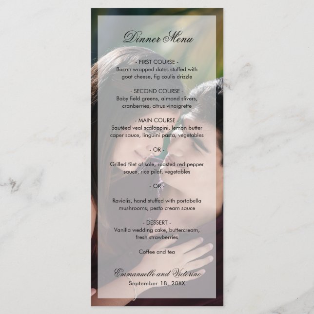 Modern Elegant Script Photo Wedding Menu (Front)