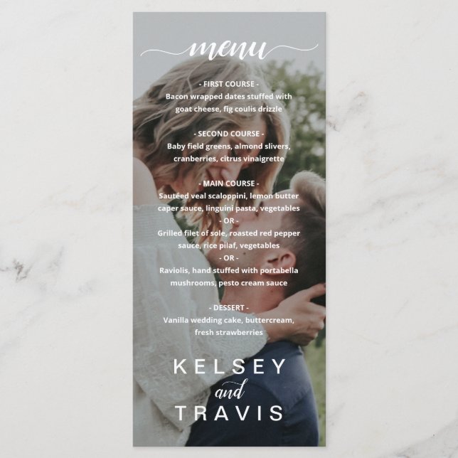 Modern Elegant Script Photo Wedding Menu (Front)