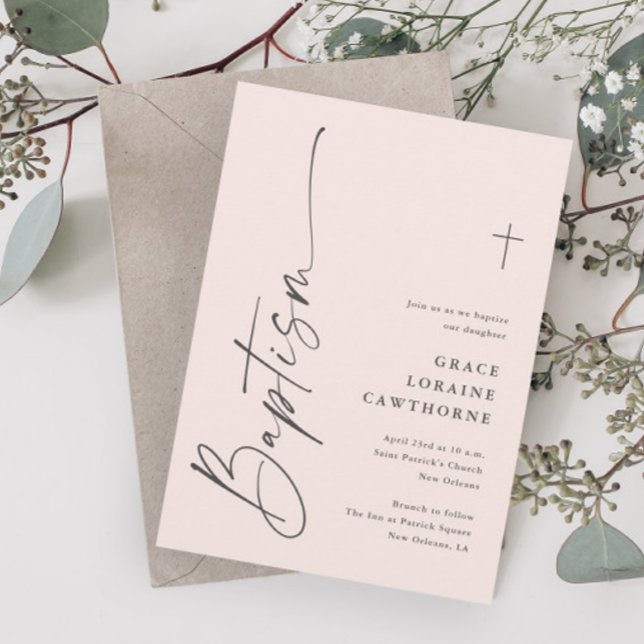 Modern Elegant Script Pink Girls Baptism Invitation (Modern Elegant Script Light Pink Girls Baptism Invitations.)