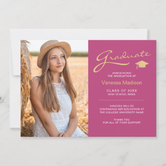 Modern Elegant Script Pink & Gold | 2 Photo Grad Announcement