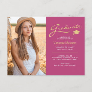 Modern Elegant Script Pink & Gold 2 Photo Grad Postcard