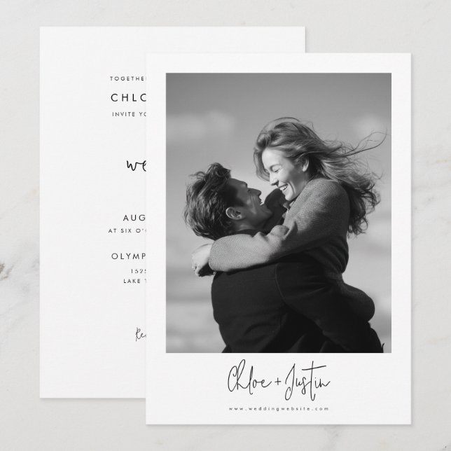 Modern Elegant Script Polaroid Photo Wedding Invitation (Front/Back)