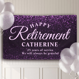 Modern Elegant Script Purple Glitter Retired Party Banner