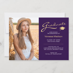 Modern Elegant Script Purple & Gold   2 Photo Grad Announcement