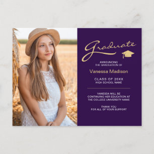 Modern Elegant Script Purple & Gold 2 Photo Grad Postcard