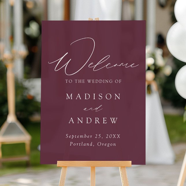 Modern Elegant Script Purple Wedding Welcome Acrylic Sign (Creator Uploaded)