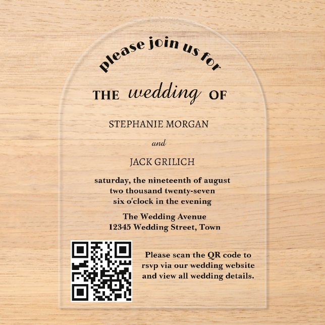 Modern Elegant Script QR Code Budget Wedding Acrylic Invitations (Front)