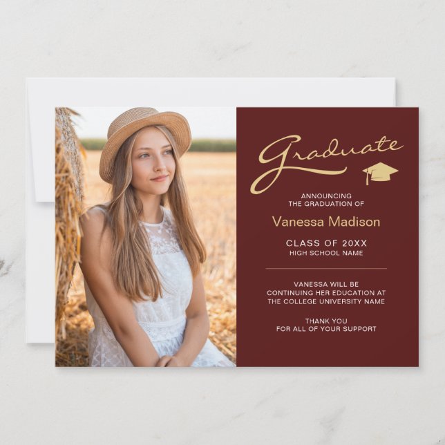 Modern Elegant Script Red Gold | 2 Photo Grad Announcement (Front)