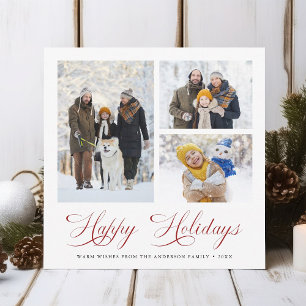 Modern Elegant Script Red Happy Holidays 3 Photo  Holiday Card