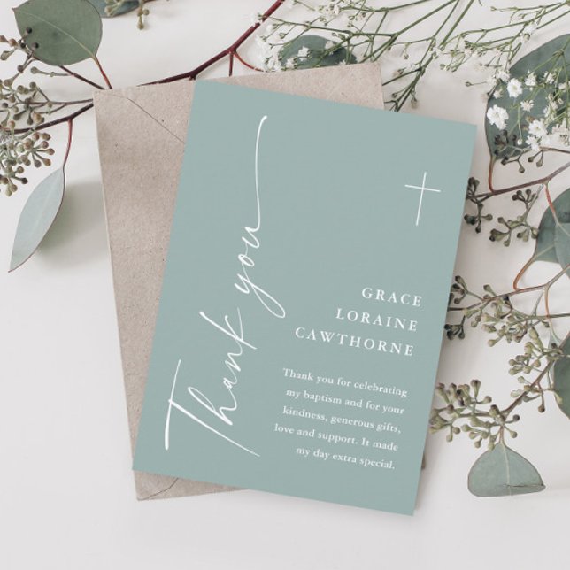 Modern Elegant Script Sage Green Baptism Thank You Card (Modern script sage green baptism thank you cards.)