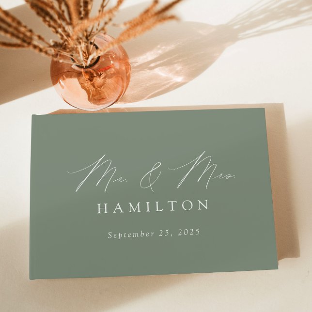 Modern Elegant Script Sage Green Photo Wedding Guest Book (Creator Uploaded)