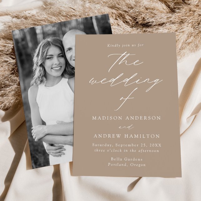 Modern Elegant Script Taupe Photo Wedding Invitation (Creator Uploaded)
