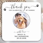 Modern Elegant Script Thank You Photo Pet Wedding Square Paper Coaster<br><div class="desc">Thank You for celebrating my humans! Add the finishing touch to your wedding with these cute custom photo wedding coasters . Perfect for your wedding after party and reception, and as wedding favours for your guests. Customize these photo dog wedding coasters with your favourite wedding photo, dog of honours photo,...</div>