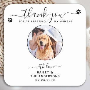 Modern Elegant Script Thank You Photo Pet Wedding Square Paper Coaster