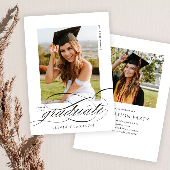 Modern Elegant Script Two Photo Graduation Party Invitation (Creator Uploaded)