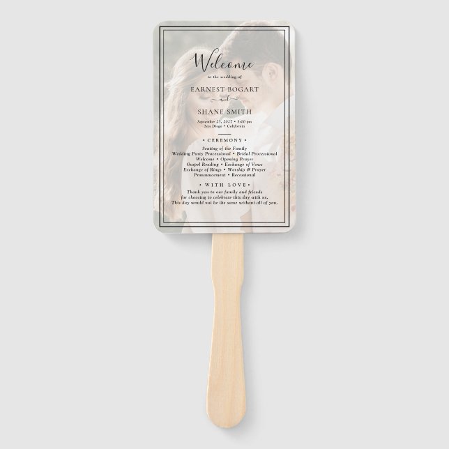 Modern Elegant Script Vellum Photo Wedding Program Hand Fan (Front)