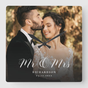 Modern Elegant Script Wedding Photo Newlywed Chic  Square Wall Clock