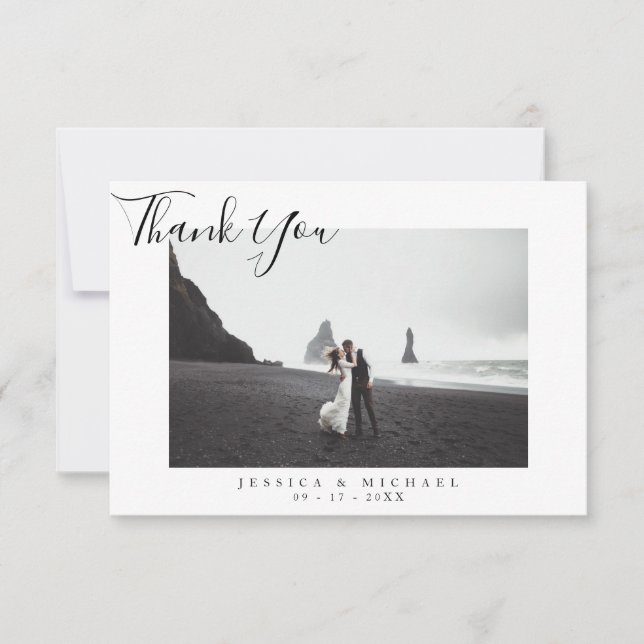 Modern Elegant Script Wedding Photo Thank You Card (Front)