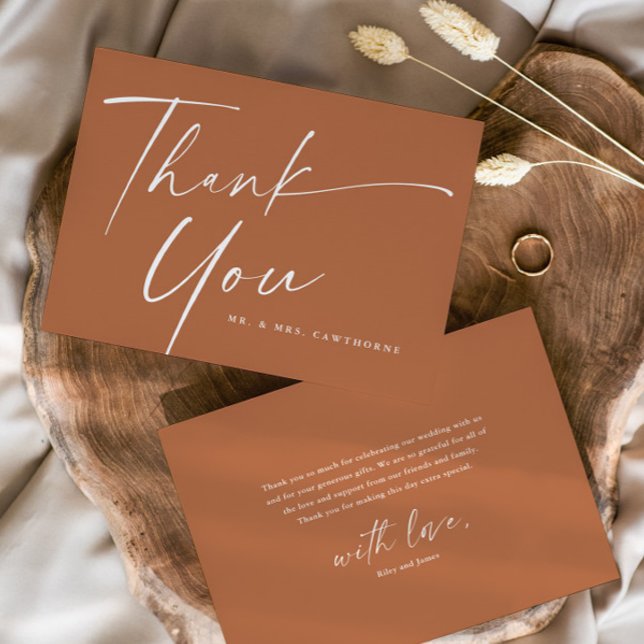 Modern Elegant Script Wedding  Thank You Card (Simple Modern handwritten Script Terracotta Wedding Thank You Card.)