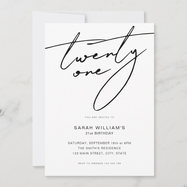 Modern Elegant Script White 21st Birthday Party Invitation (Front)