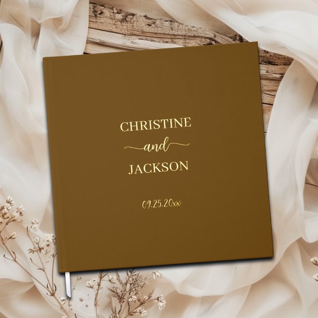 Modern Elegant Script Yellow Brown Wedding Gold Guest Book (Creator Uploaded)