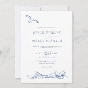 Modern Elegant Seaside Coastal Blue Wedding Invitation