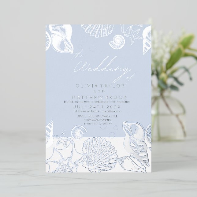 Modern Elegant Shells Real Foil Wedding Invitation (Standing Front)