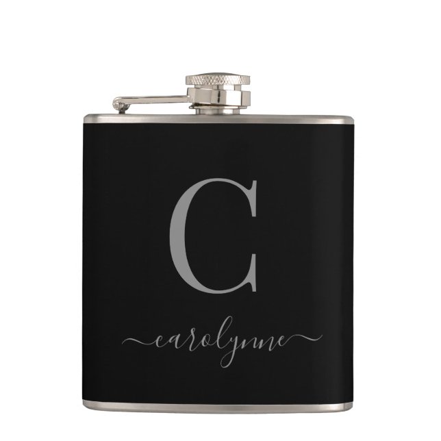 Modern Elegant Silver Black Monogram Script Hip Flask (Front)