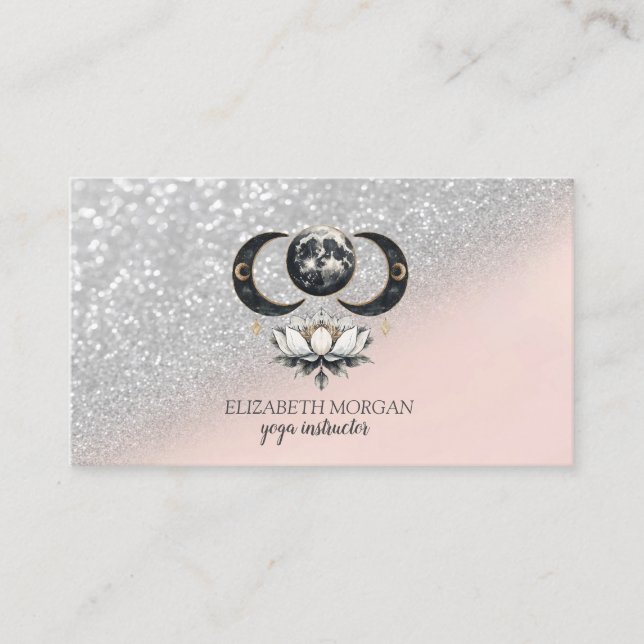 Modern Elegant Silver Glitter Bokeh Lotus Moon Business Card (Front)