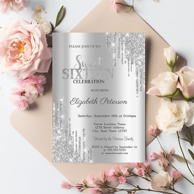 Modern Elegant Silver Glitter Drips  Sweet 16 Invitation (Creator Uploaded)