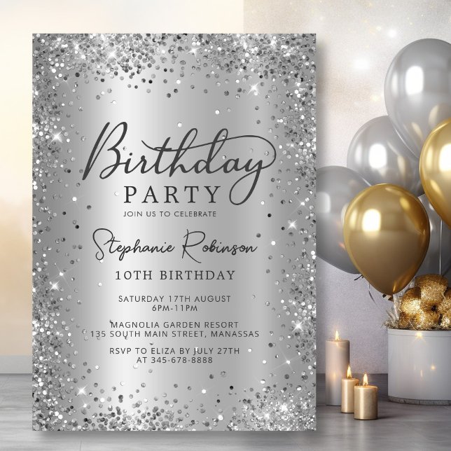 Modern Elegant Silver Glitter Metal 10th Birthday Invitation (Creator Uploaded)