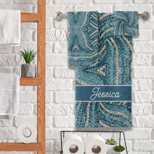 Modern Elegant Silver Grey Turquoise Blue Swirl Bath Towel Set