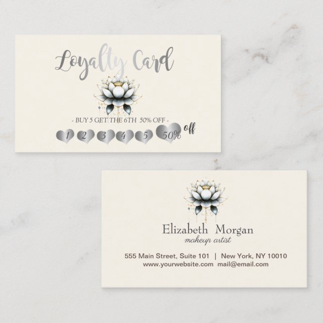 Modern Elegant Silver Hearts,White Lotus Loyalty Card (Front/Back)