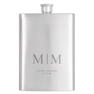 Modern Elegant Silver Monogrammed Initial Classic Hip Flask