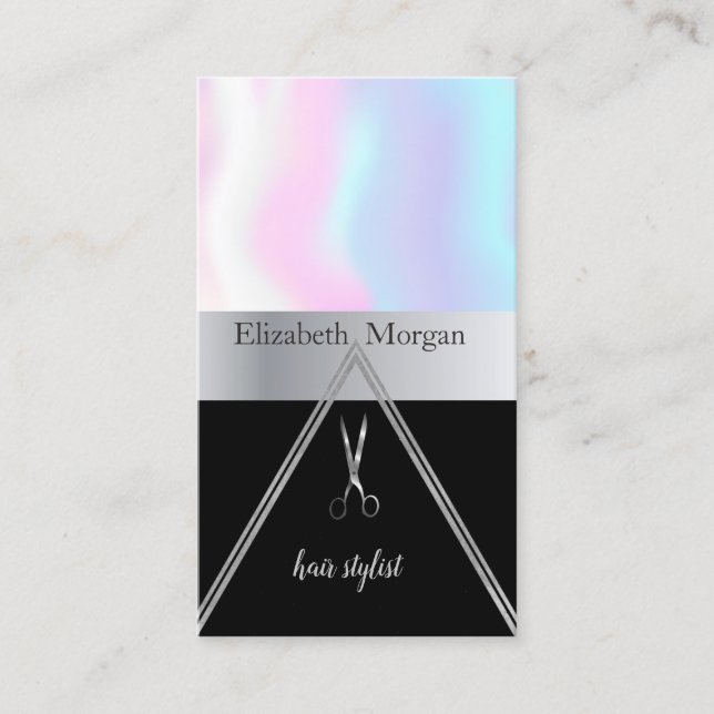 Modern Elegant Silver Scissors,Holographic Business Card (Front)