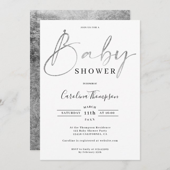 Modern elegant silver script font baby shower invitation (Front/Back)
