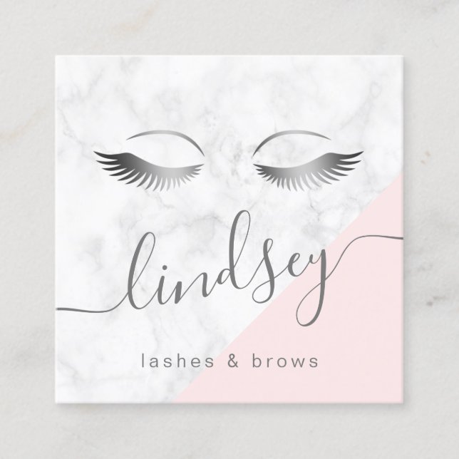 Modern elegant silver white marble pink lashes square business card (Front)