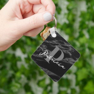 Modern Elegant Simpel Name Initial Marble Black Keychain
