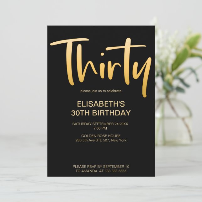 Modern Elegant Simple Black 30th Birthday Party Invitation (Standing Front)