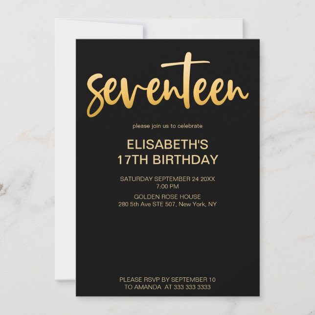 Modern Elegant Simple Black/Gold 17 Birthday Party Invitation (Front)