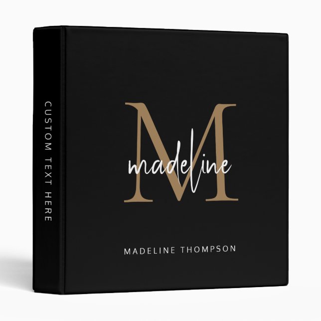 Modern Elegant Simple Black Gold Script Monogram Binder (Front/Spine)