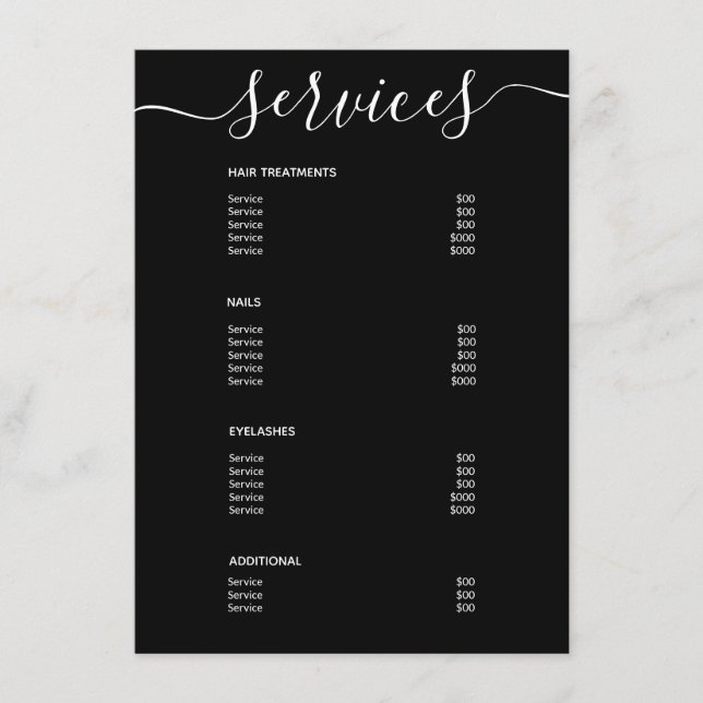Modern Elegant Simple Black Spa Salon Service Menu (Front)
