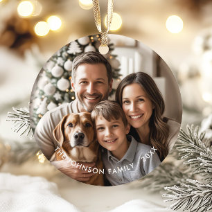 Modern Elegant Simple Christmas Family Photo Round Ceramic Ornament