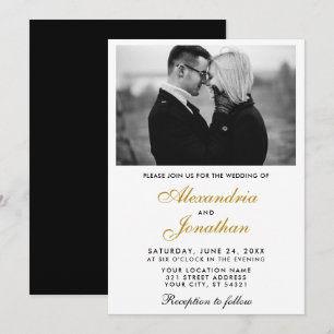 Modern Elegant Simple Couple Photo Wedding Gold BW Invitation