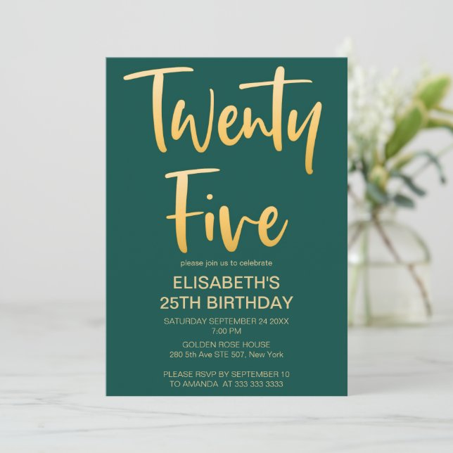 Modern Elegant Simple Green 25TH Birthday Party Invitation (Standing Front)