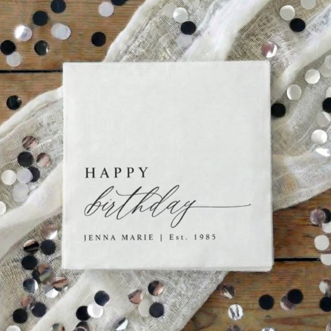 Modern Elegant Simple Happy Birthday Script Napkin (Black and white personalized happy birthday script party napkins)