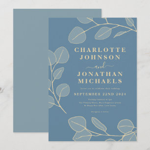 Modern Elegant Simple Leaves Blue Invitation